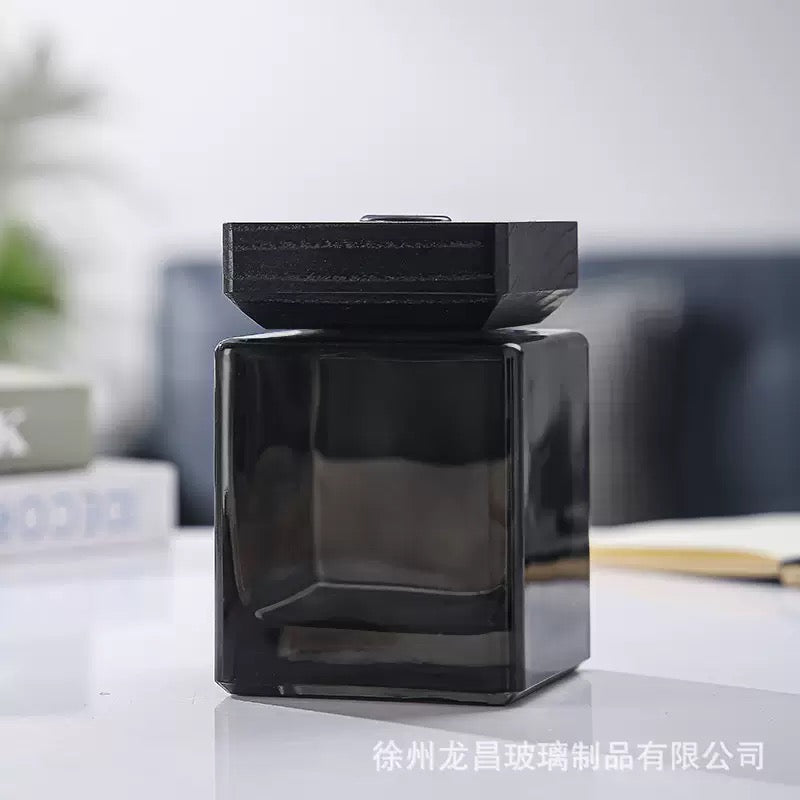Black Cube Diffuser Glass Bottle/Jar + Wooden Cover