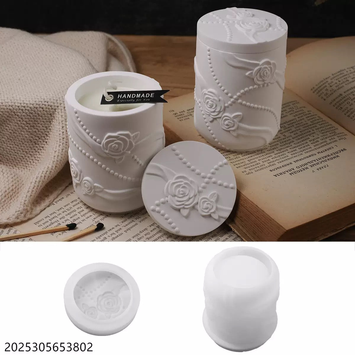 Embossed Pearl Ribbon Rose Candle Jar Silicone Mold b03