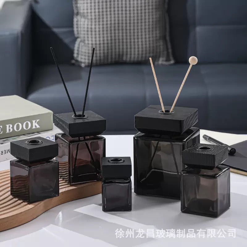 Black Cube Diffuser Glass Bottle/Jar + Wooden Cover