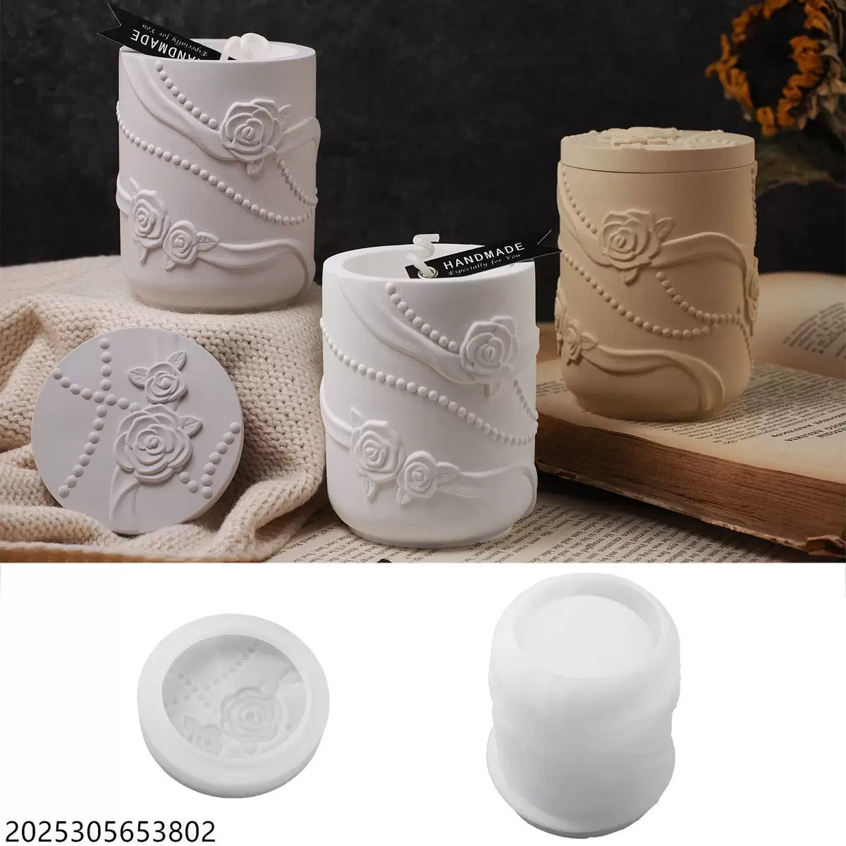 Embossed Pearl Ribbon Rose Candle Jar Silicone Mold b03