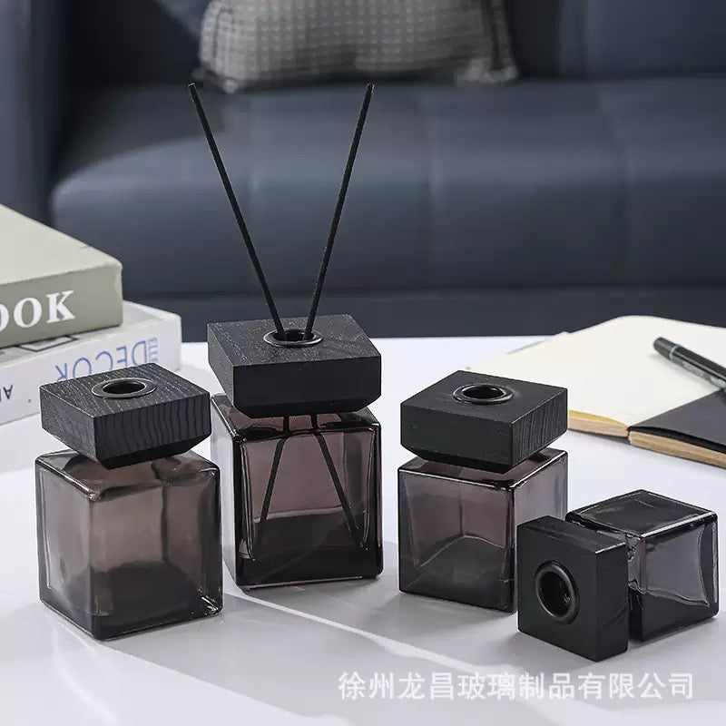 Black Cube Diffuser Glass Bottle/Jar + Wooden Cover
