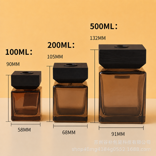 Brown Cube Diffuser Glass Bottle/Jar + Wooden Cover