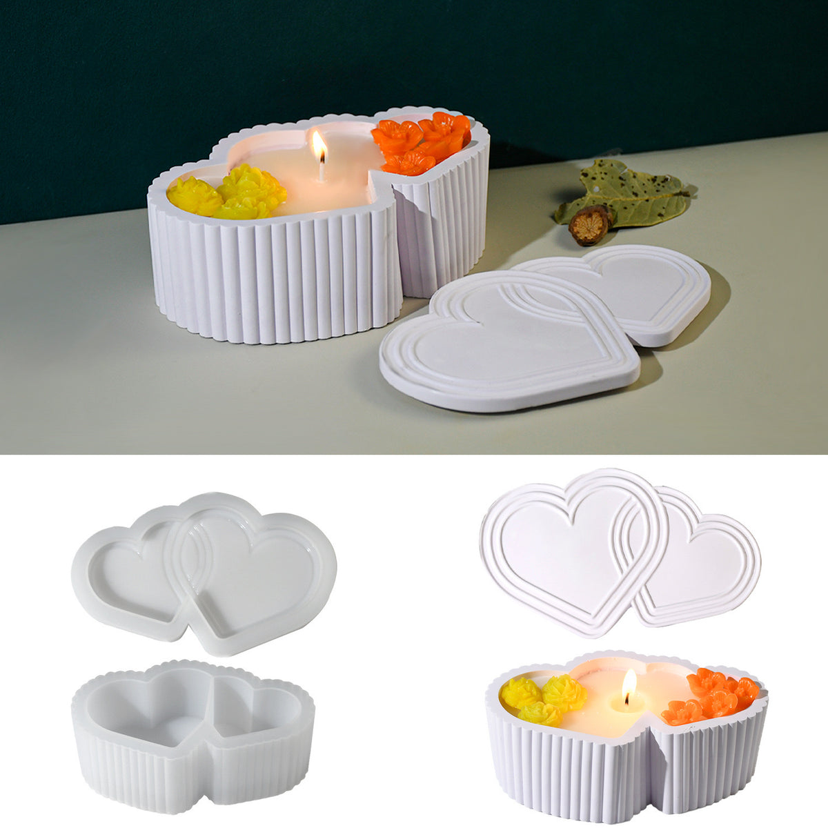 Double Heart Candle Jar Mold f07